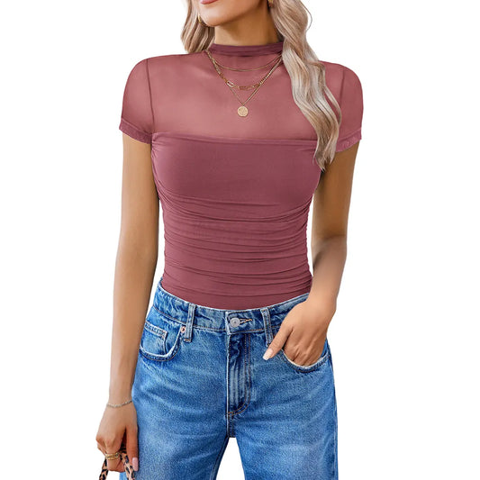 Short Sleeve Bodysuit Turtle Neck Mesh Tops